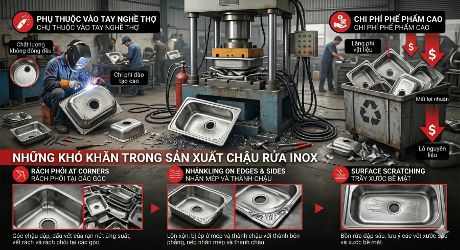 Những khó khăn trong sản xuất chậu rửa inox
