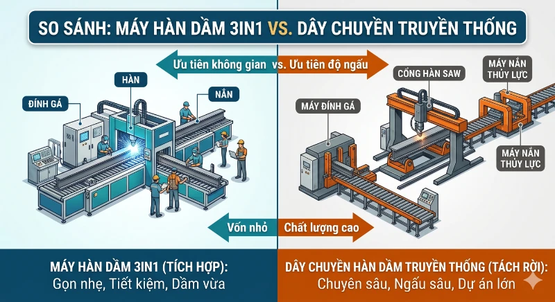 So sánh máy hàn dầm 3 in 1 với dây chuyền hàn dầm truyền thống